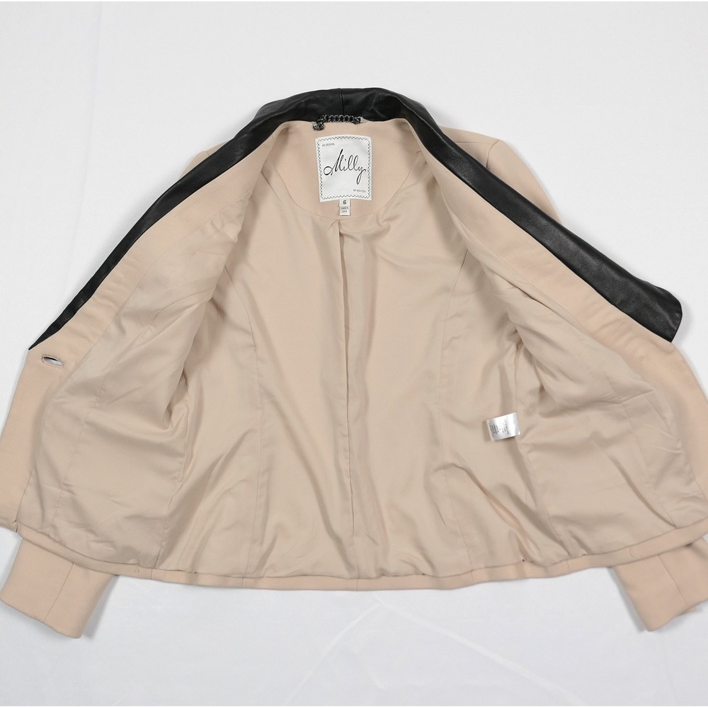 NEW Milly New York Wool & Lamb Leather Shawl Blazer Dinner Jacket Size 6 Beige - Picture 6 of 10